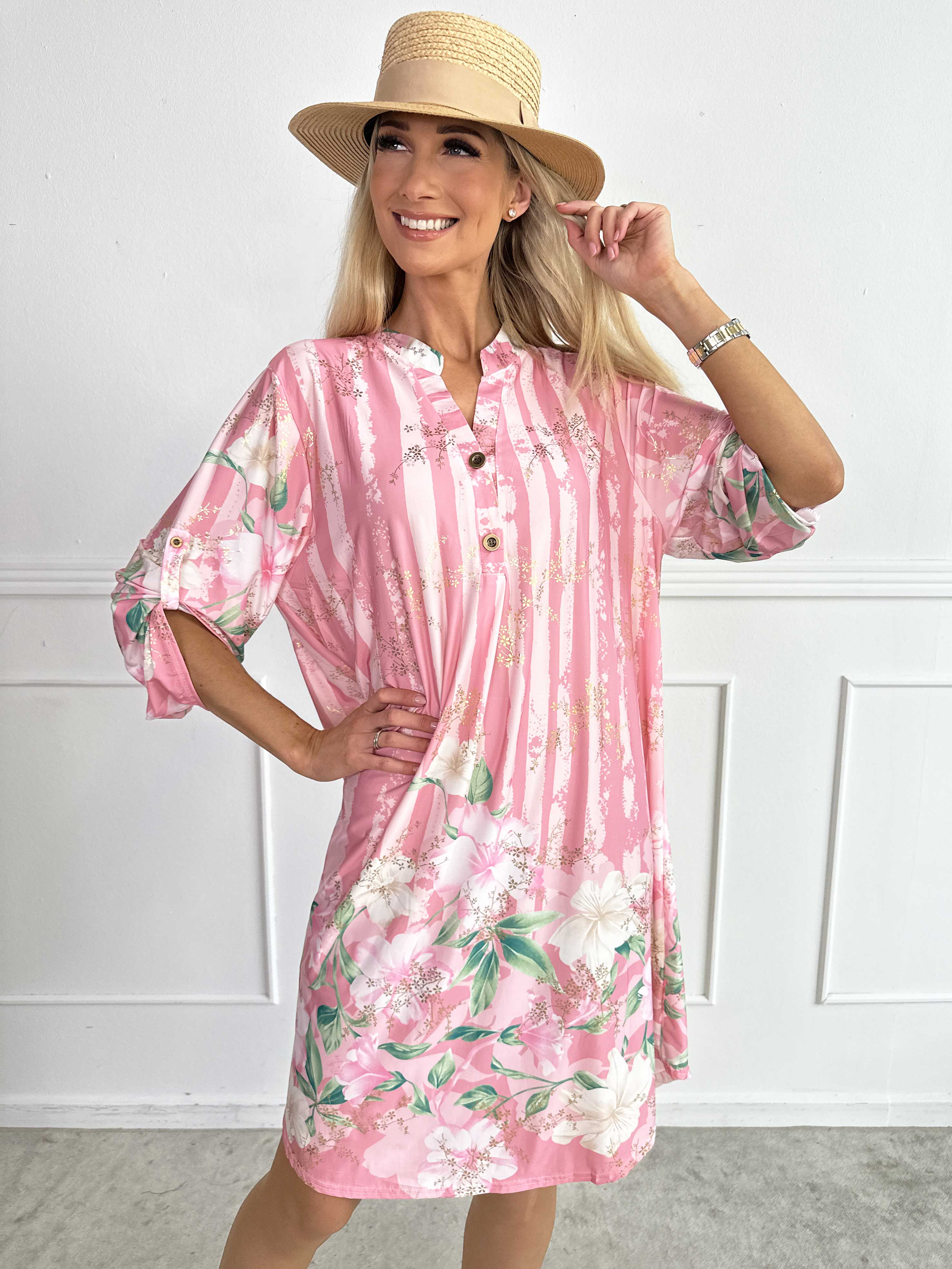 Ebba Floral Stripe Long - Elastisk blommig klänning med gulddetaljer